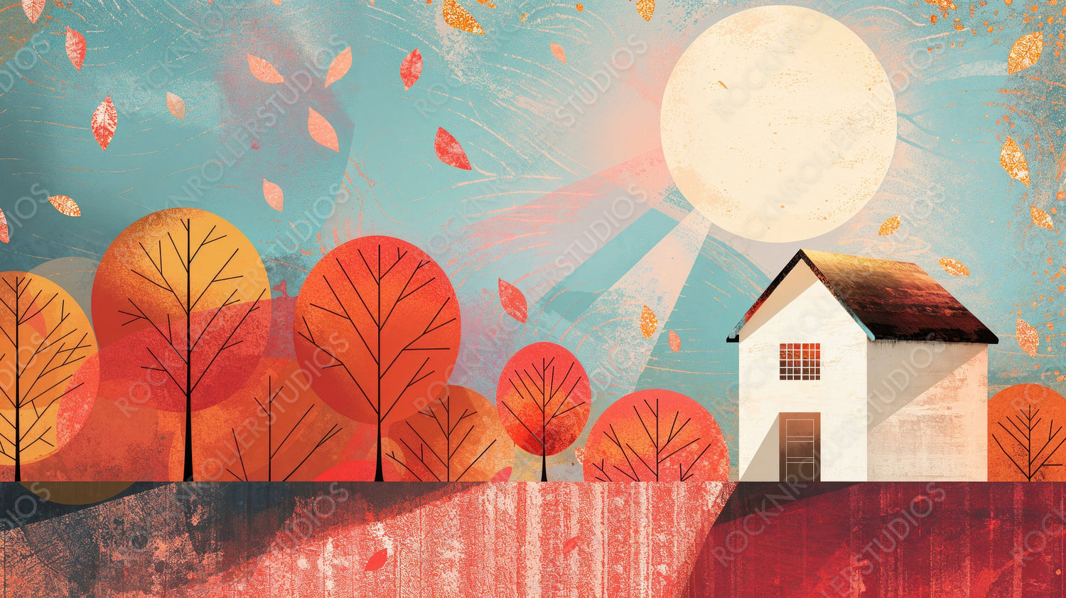 Charming House and Trees in a Vibrant Autumn Landscape - Geometric Illustration