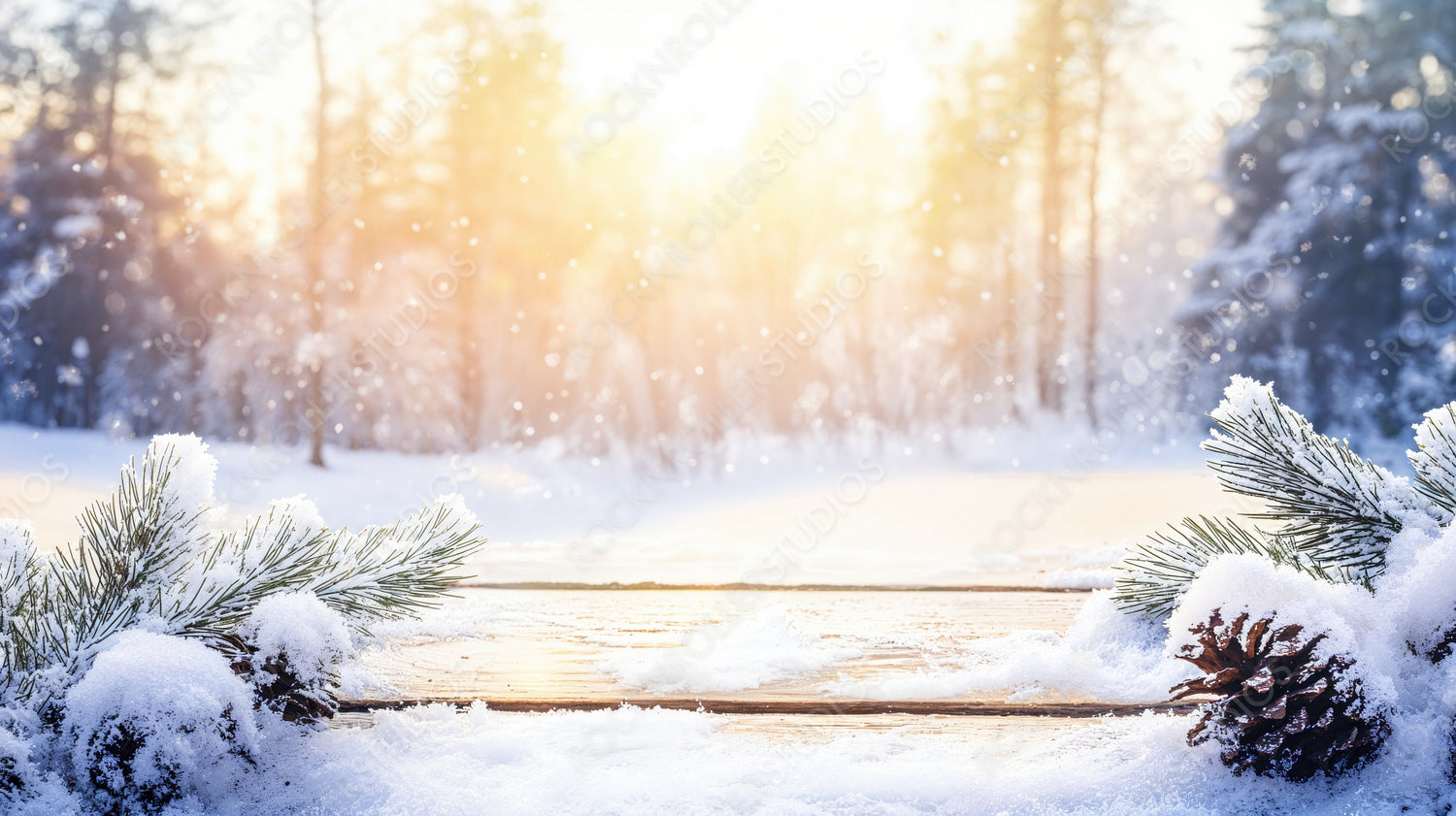 Sunrise Over Snowy Forest with Pine Cones on Wooden Deck, Capturing Winter’s Warmth