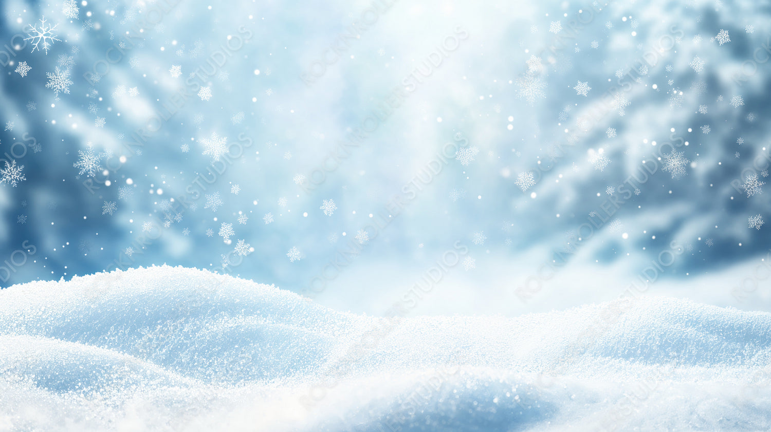 Dreamy snow-covered landscape with delicate falling snowflakes in a peaceful winter wonderland