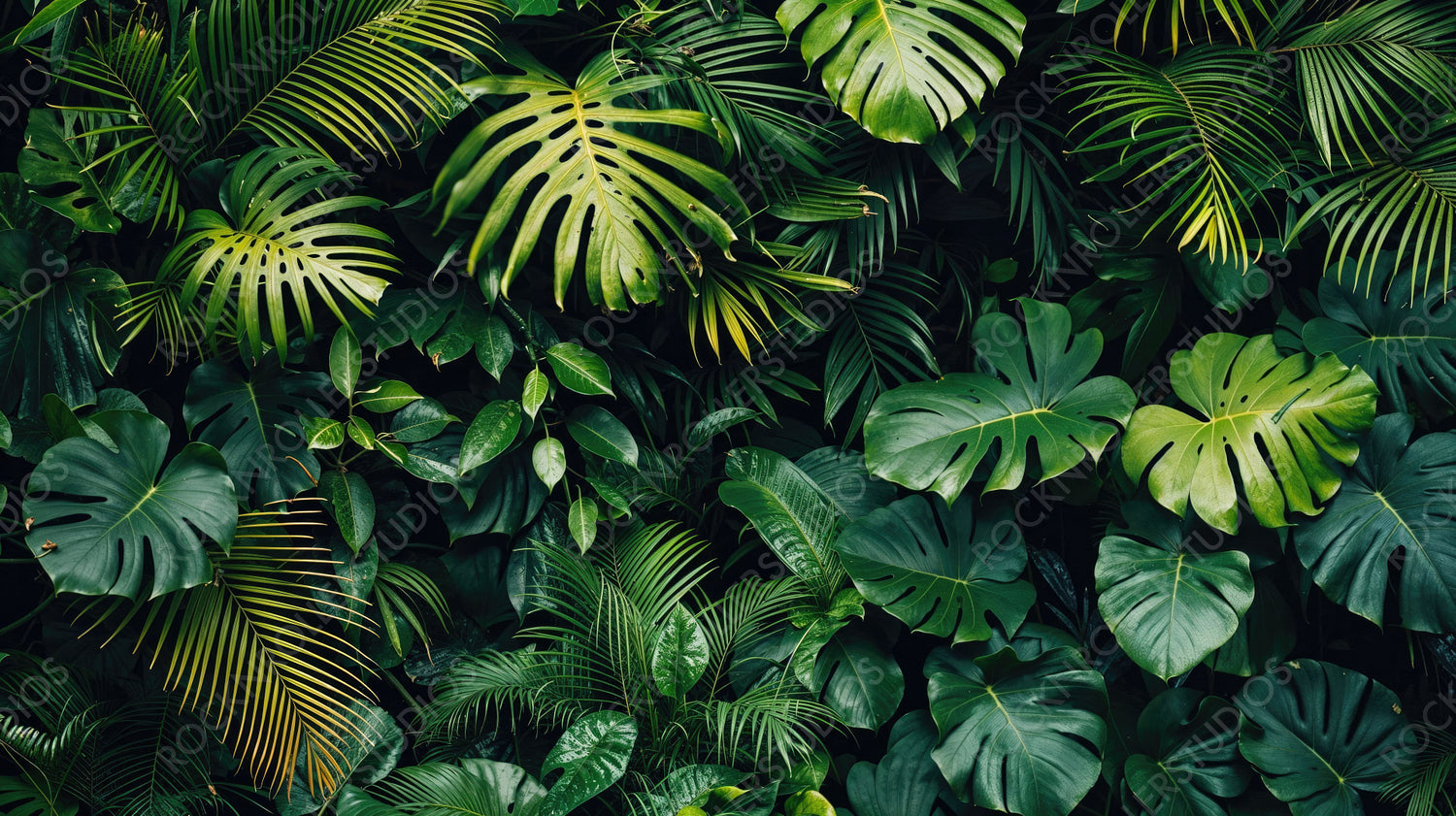 Lush Green Tropical Leaves with Varied Shapes and Sizes