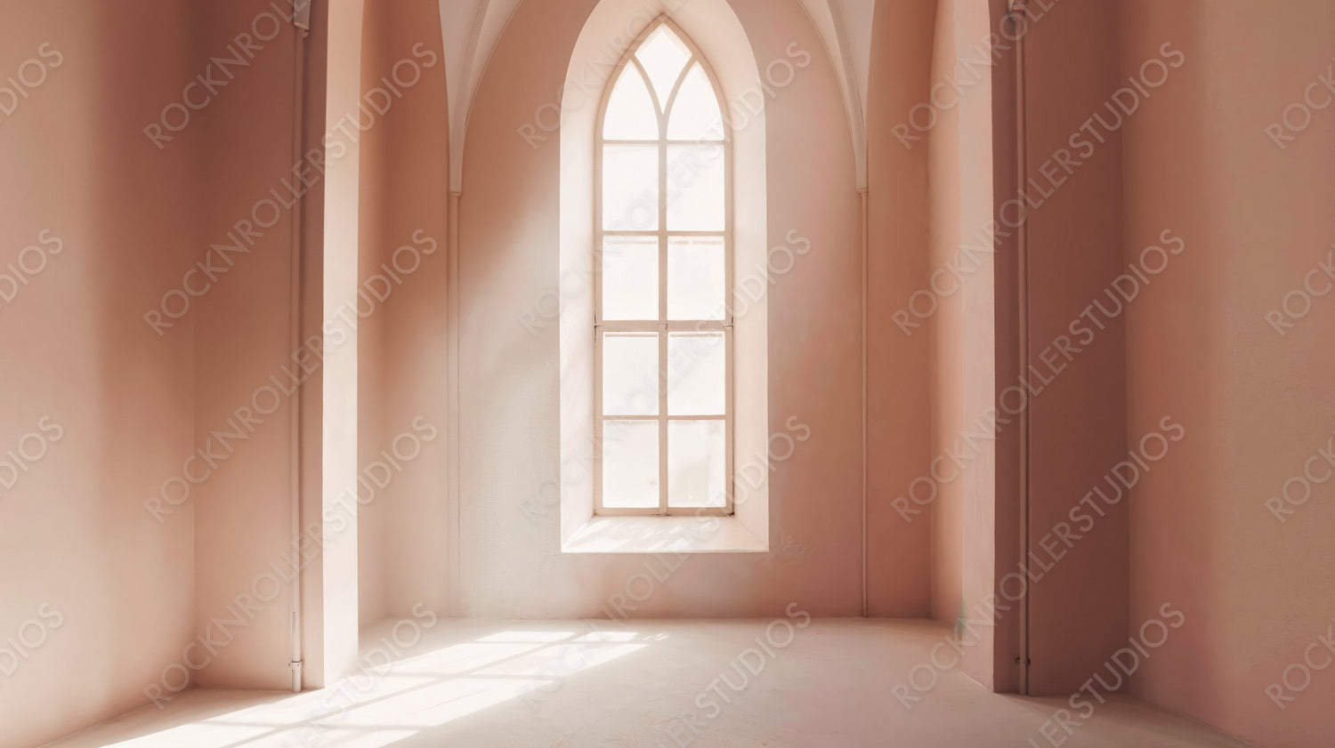 Sunlit Gothic Interior with Elegant Arched Windows