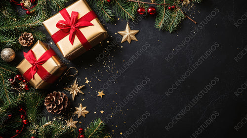 Festive Christmas Gift with Pine Cones, Ornaments, and Red Ribbon on a Dark Background