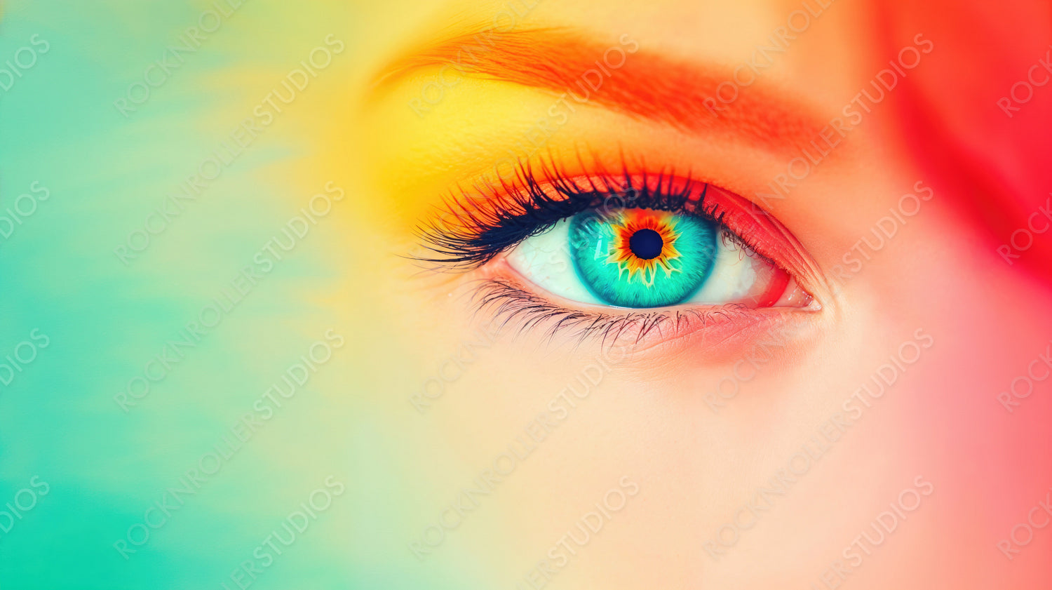 Stunning Close-Up of a Turquoise Iris: Vivid Colors and Artistic Makeup Highlight Beauty and Detail