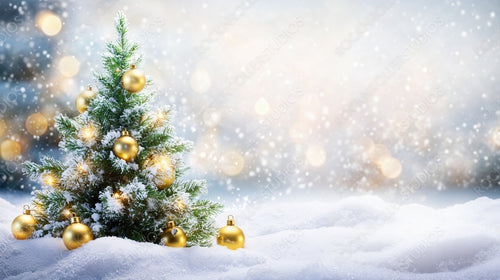 Festive Christmas Tree with Golden Ornaments in a Snowy Winter Wonderland