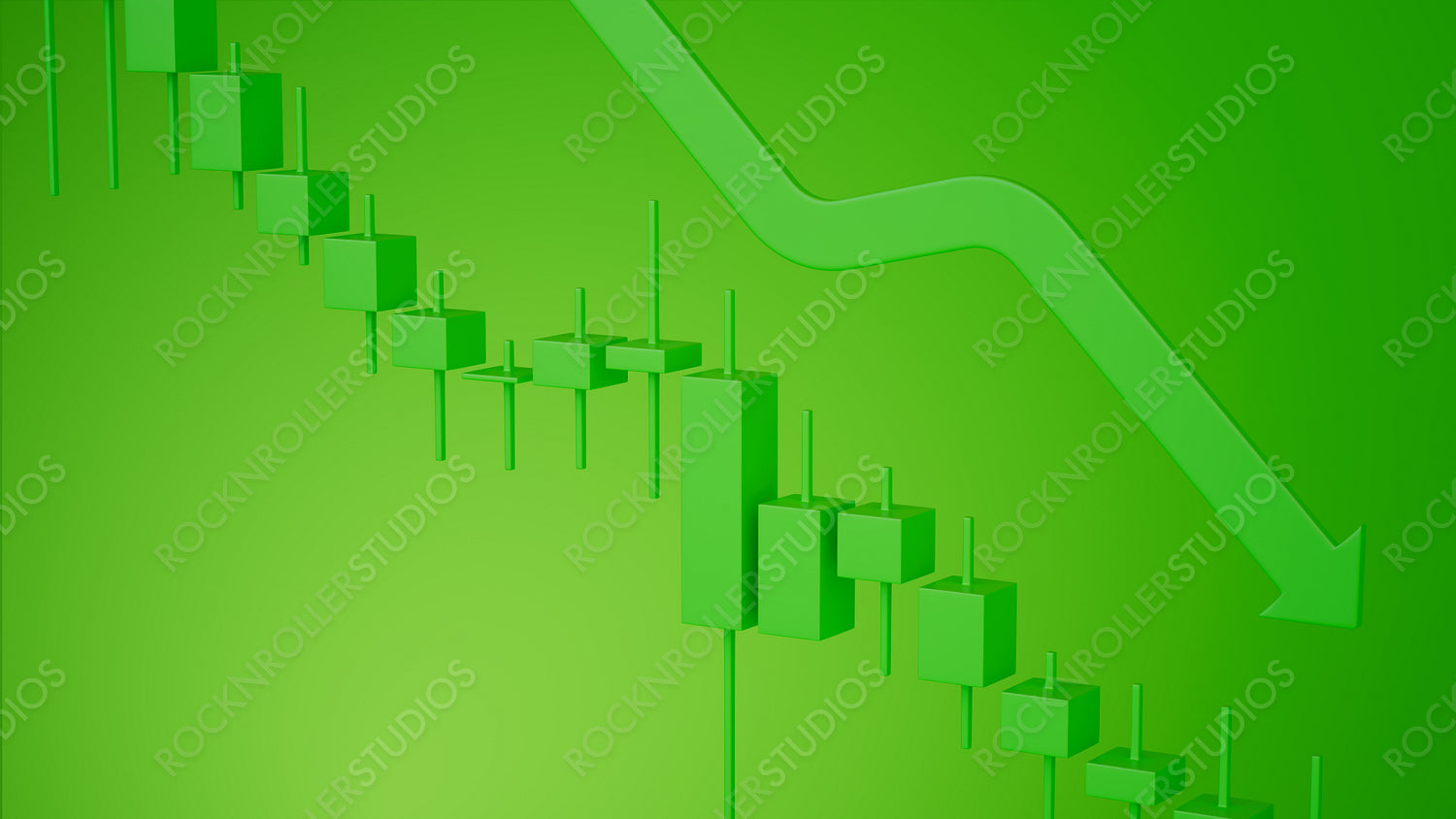 Green Decline: 3D Candlestick Chart Showing Stock Market Downturn
