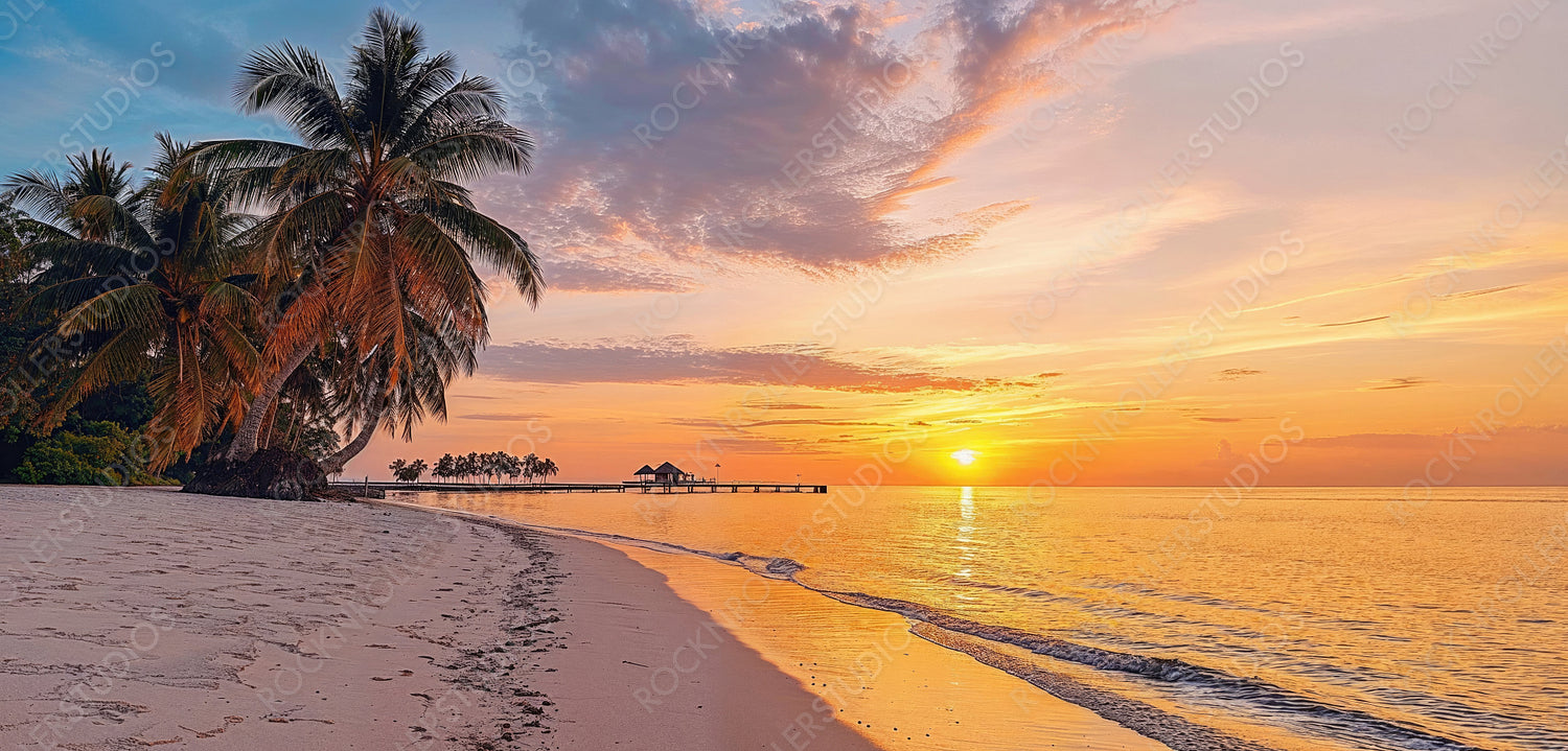 Tourism concept with Beautiful Sunset Beach in Miami. Dream Vacation Environment.