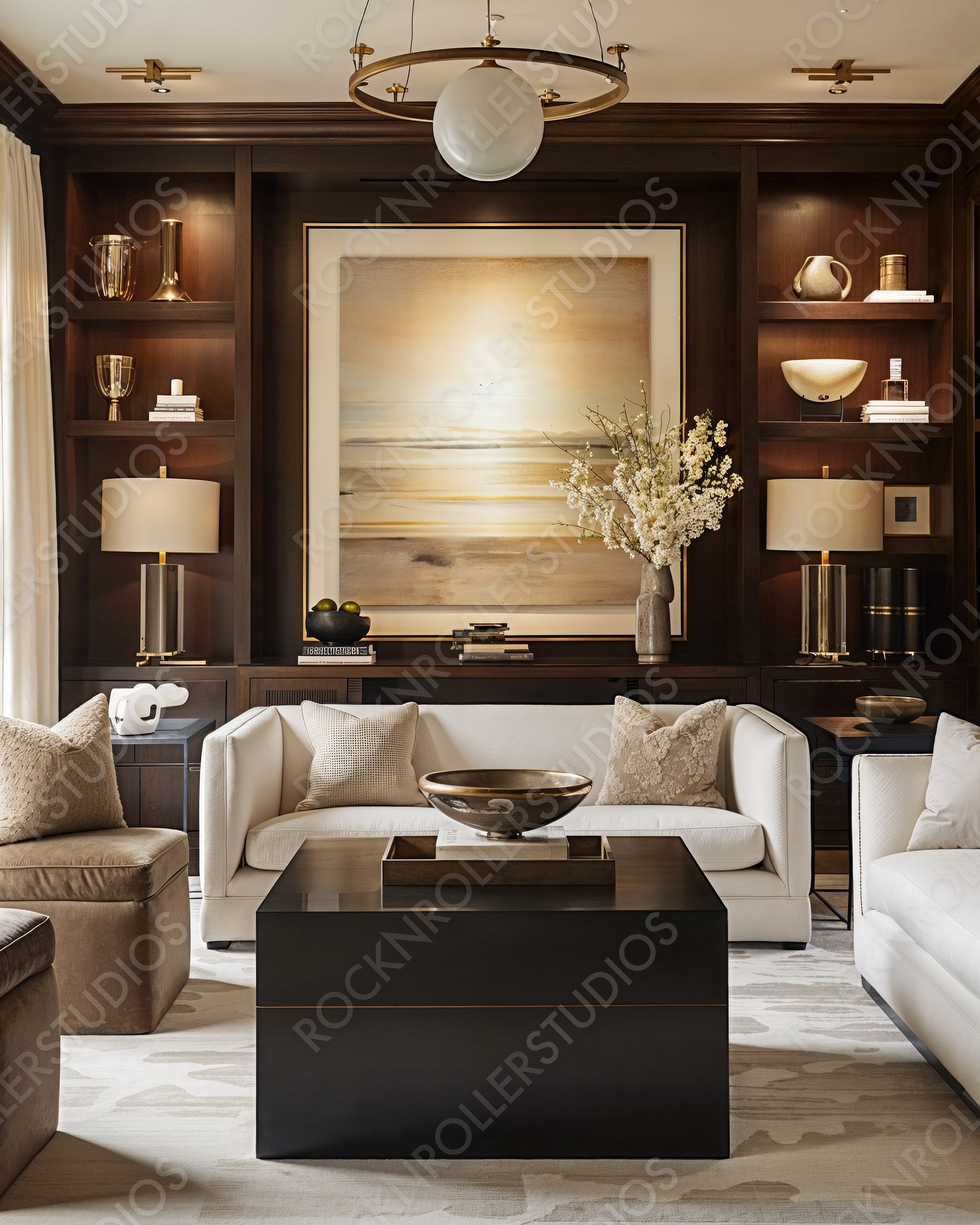 Elegant and Sophisticated Living Room with Chic Wood Paneling and Modern Decor