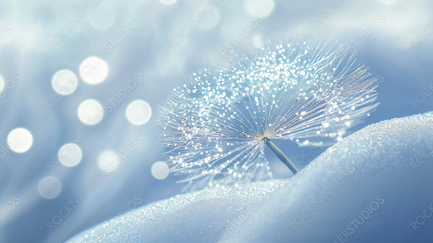 Delicate Dandelion Seed Covered in Frost on Snowy Field with Winter Lights in the Background