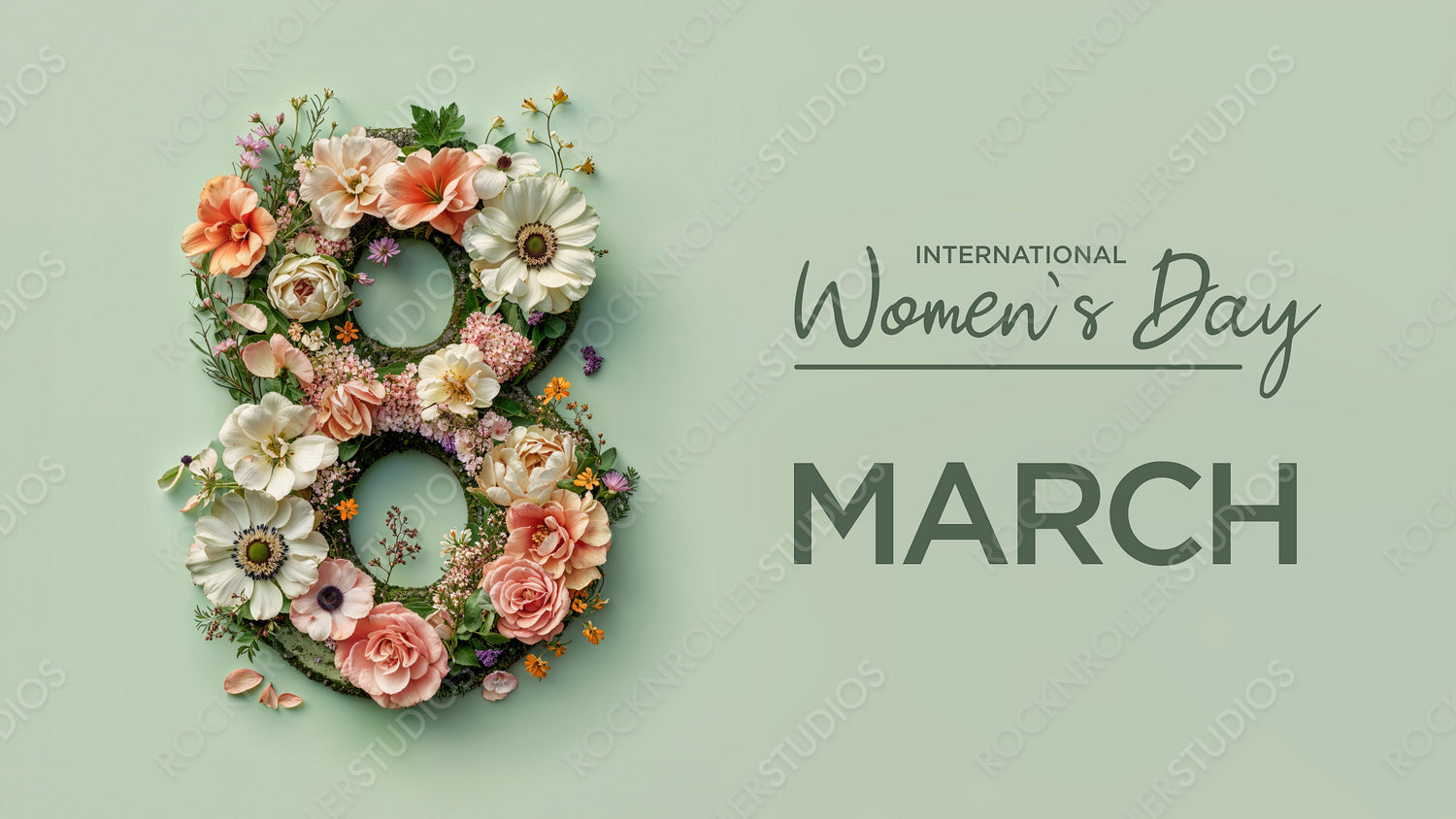 Number 8 in a Green Floral Design. Premium Botanical Background with Flowers and Caption, to Celebrate International Woman's Day.