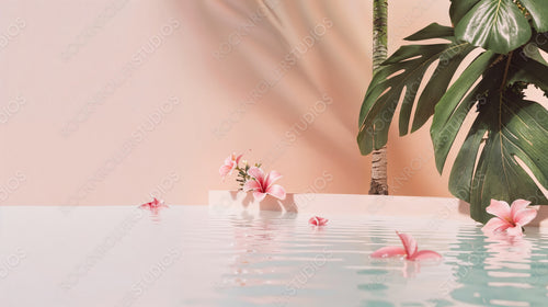 Tropical Paradise with Palm Leaves and Pink Flowers by the Water