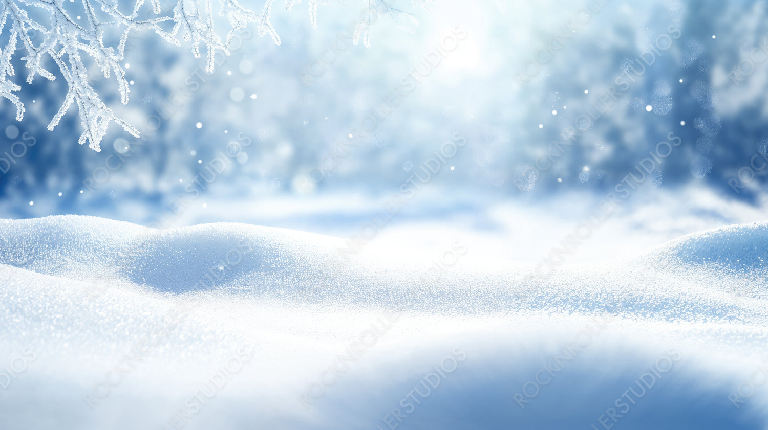 Dreamy snow-covered landscape with delicate falling snowflakes in a peaceful winter wonderland