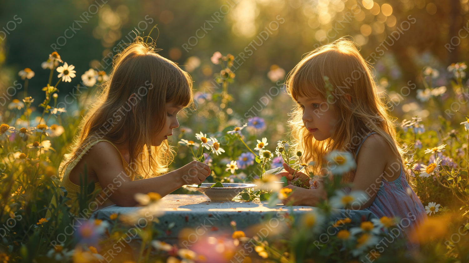 Two Little Girls Enjoying Tea Party in a Sunlit Wildflower Meadow