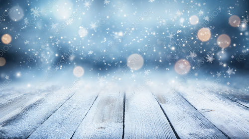 Frozen Wooden Deck Under a Magical Snowfall, Featuring Twinkling Lights and Snowflakes