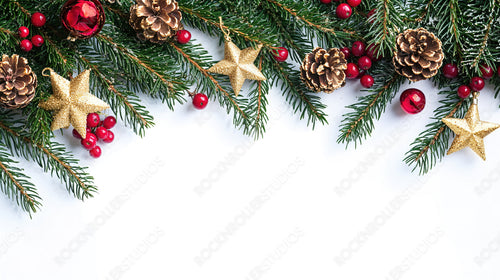 Elegant Christmas Pine Branches with Red Berries, Golden Stars, and Pinecones on White Background