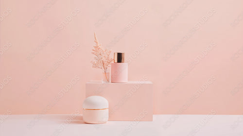 Elegant Beauty Product Stage with Minimalist Design and Soft Pink Background