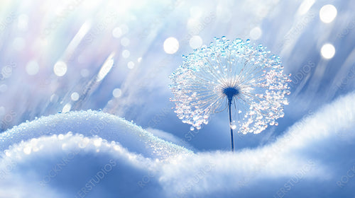 Delicate Dandelion Seed Covered in Frost on Snowy Field with Winter Lights in the Background