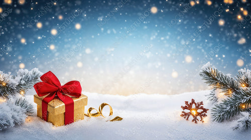 Golden gift wrapped in red ribbon surrounded by snow, ornaments, and glowing lights