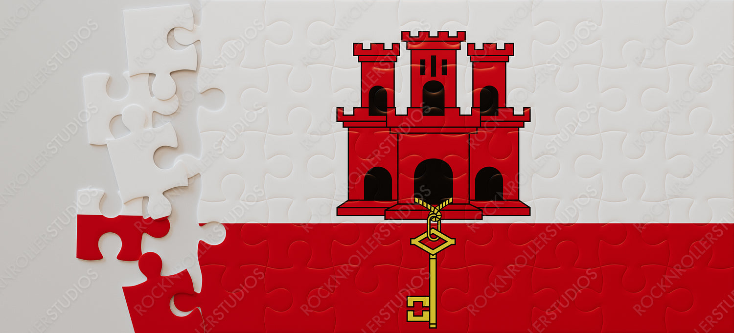 Unlock the Mystery: Partially Assembled Gibraltar Flag Puzzle with Cartoon Castle and Key