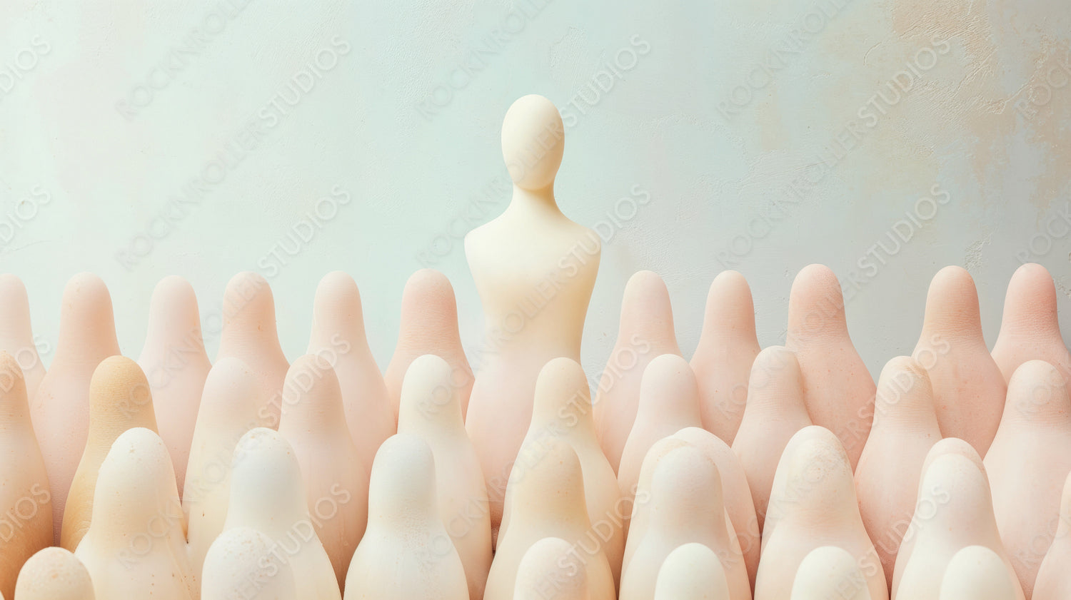 Abstract Leadership: Taller Figure Leading Minimalist Mannequins Against Pale Blue
