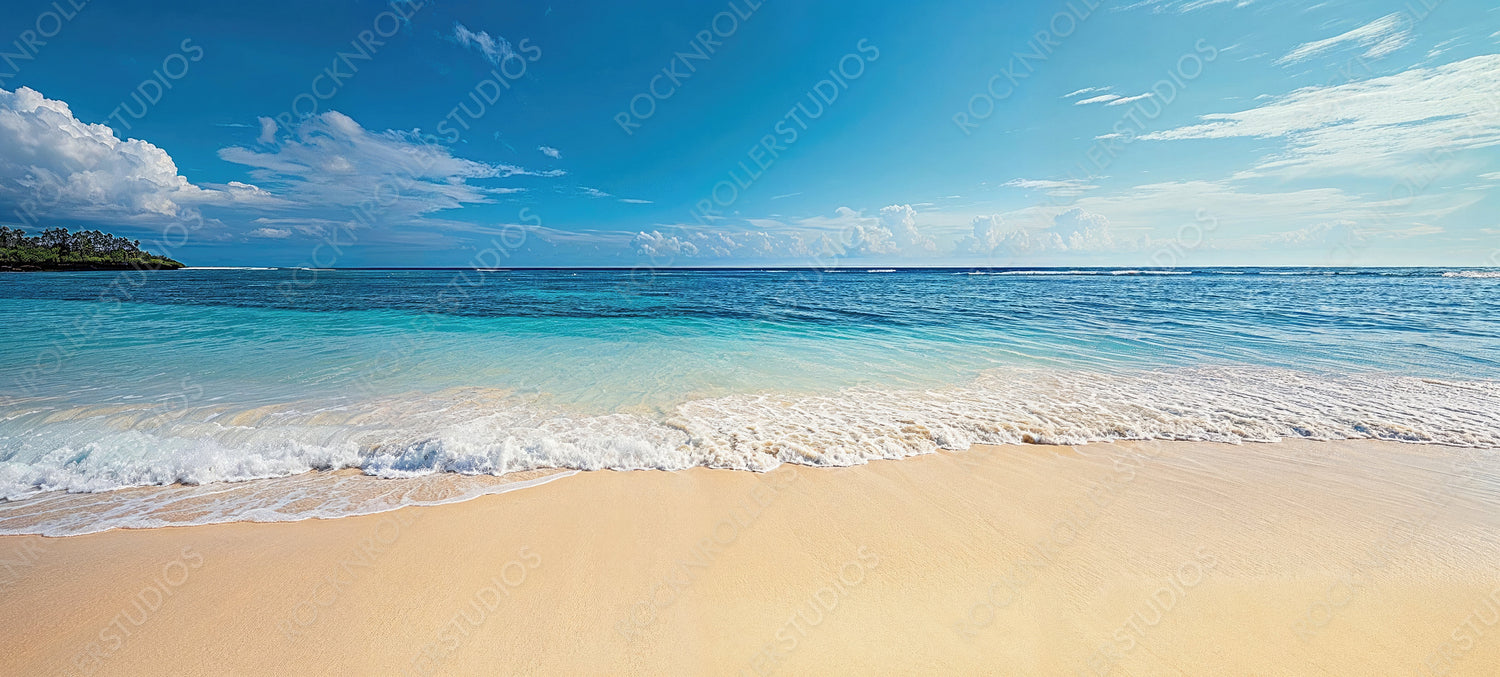 Travel banner with Heavenly Sunshine Beach. Luxury Holiday Island.