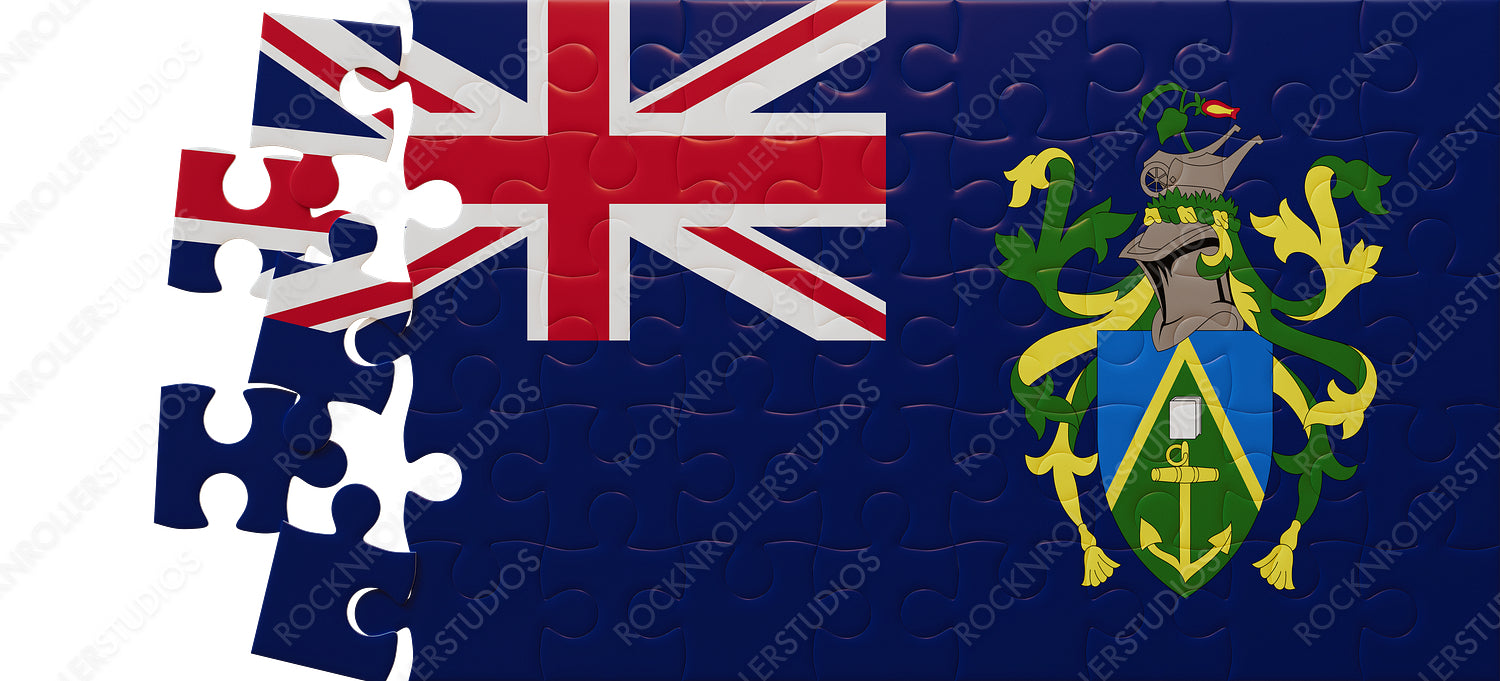 Unity in Pieces: Pitcairn Islands Flag as a Jigsaw Puzzle Featuring Union Jack and Vibrant Coat of Arms
