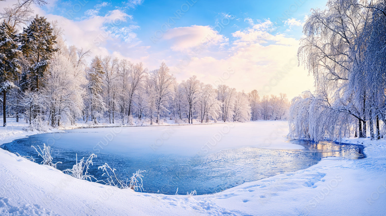 Tranquil frozen lake surrounded by snow-covered trees under a vibrant winter sky