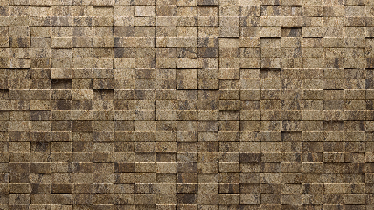 Natural Stone Tiles arranged to create a 3D wall. Textured, Rectangular Background formed from Polished blocks. 3D Render