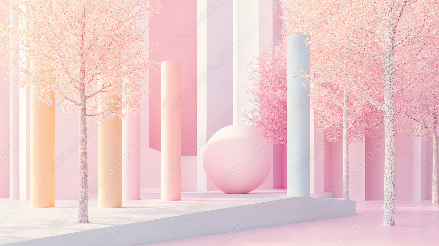 Spring Serenity: Pastel Cherry Blossoms in a Minimalist Geometric Landscape