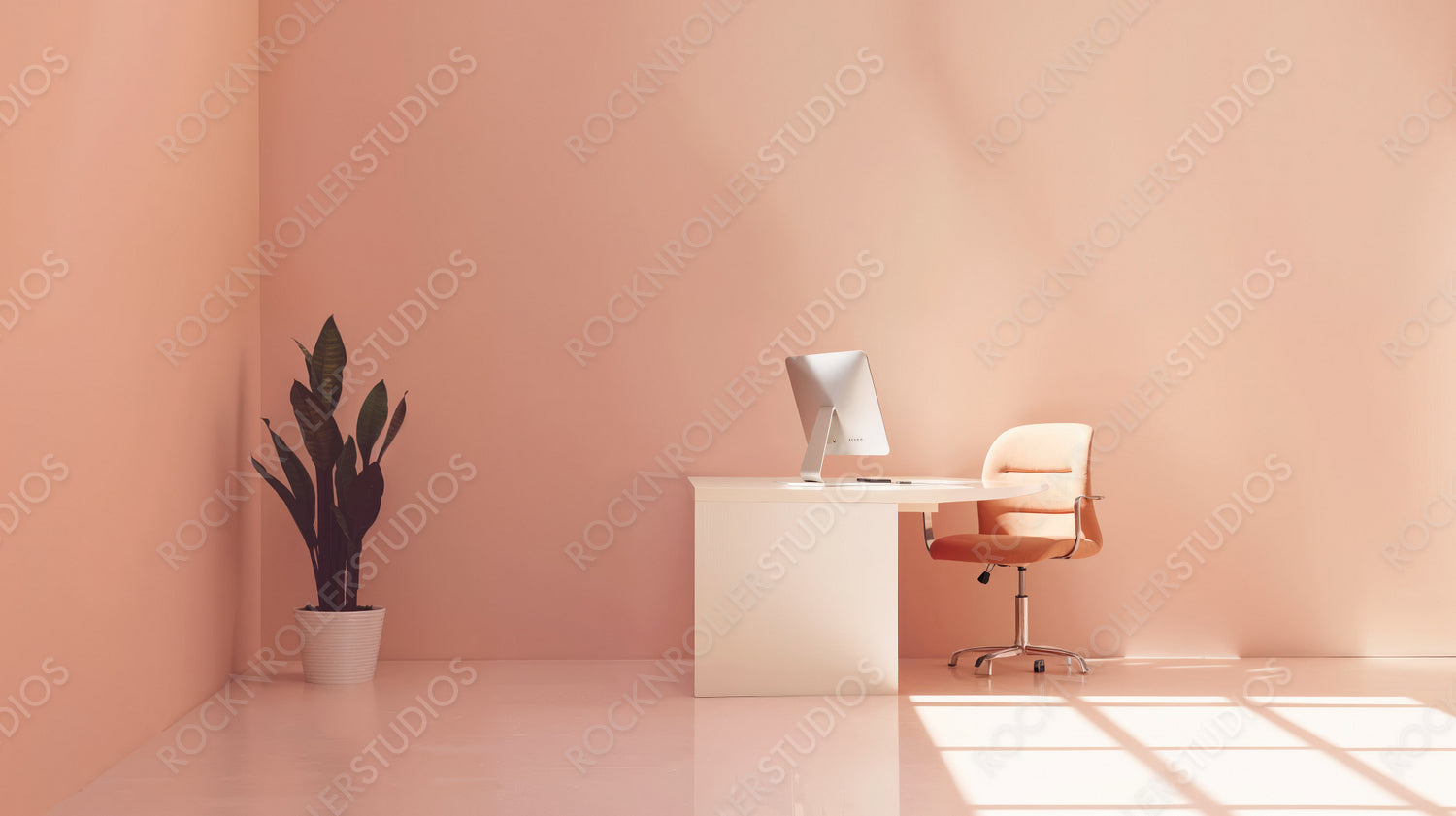 Minimalistic Office Space with Modern Computer and Plant