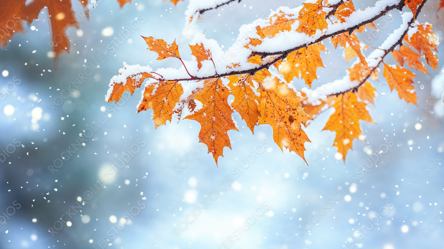 Snow-Dusted Orange Leaves on a Frosty Branch, Embracing the Beauty of Winter