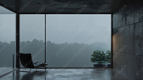Minimalist Modern Room with Panoramic Rainy View