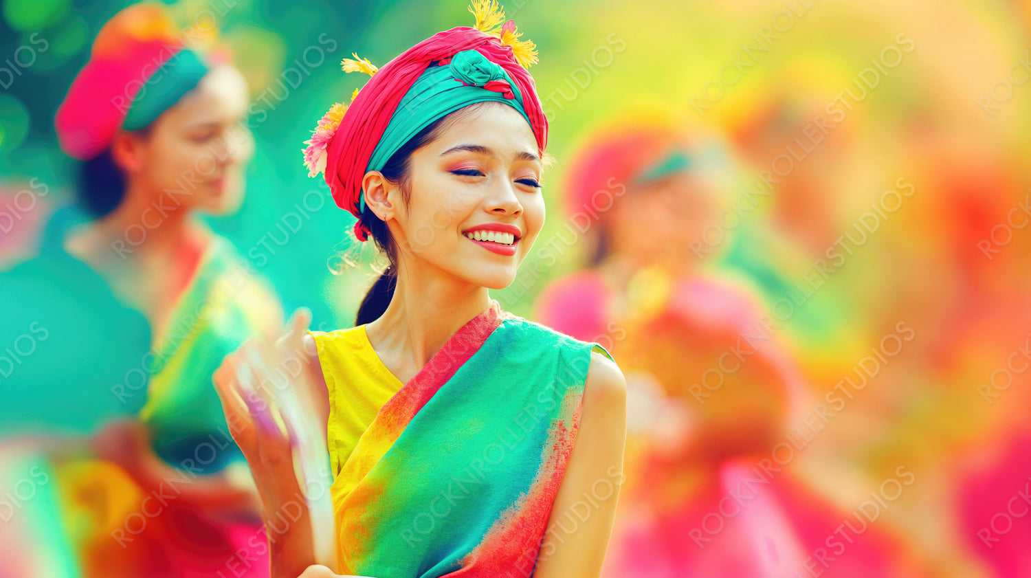 Radiant Joy at a Colorful Festival: Woman in Floral Turban Celebrates Holi