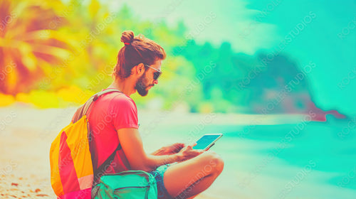 Beachside Bliss: Stylish Young Man with Smartphone and Colorful Backpacks in Tropical Paradise