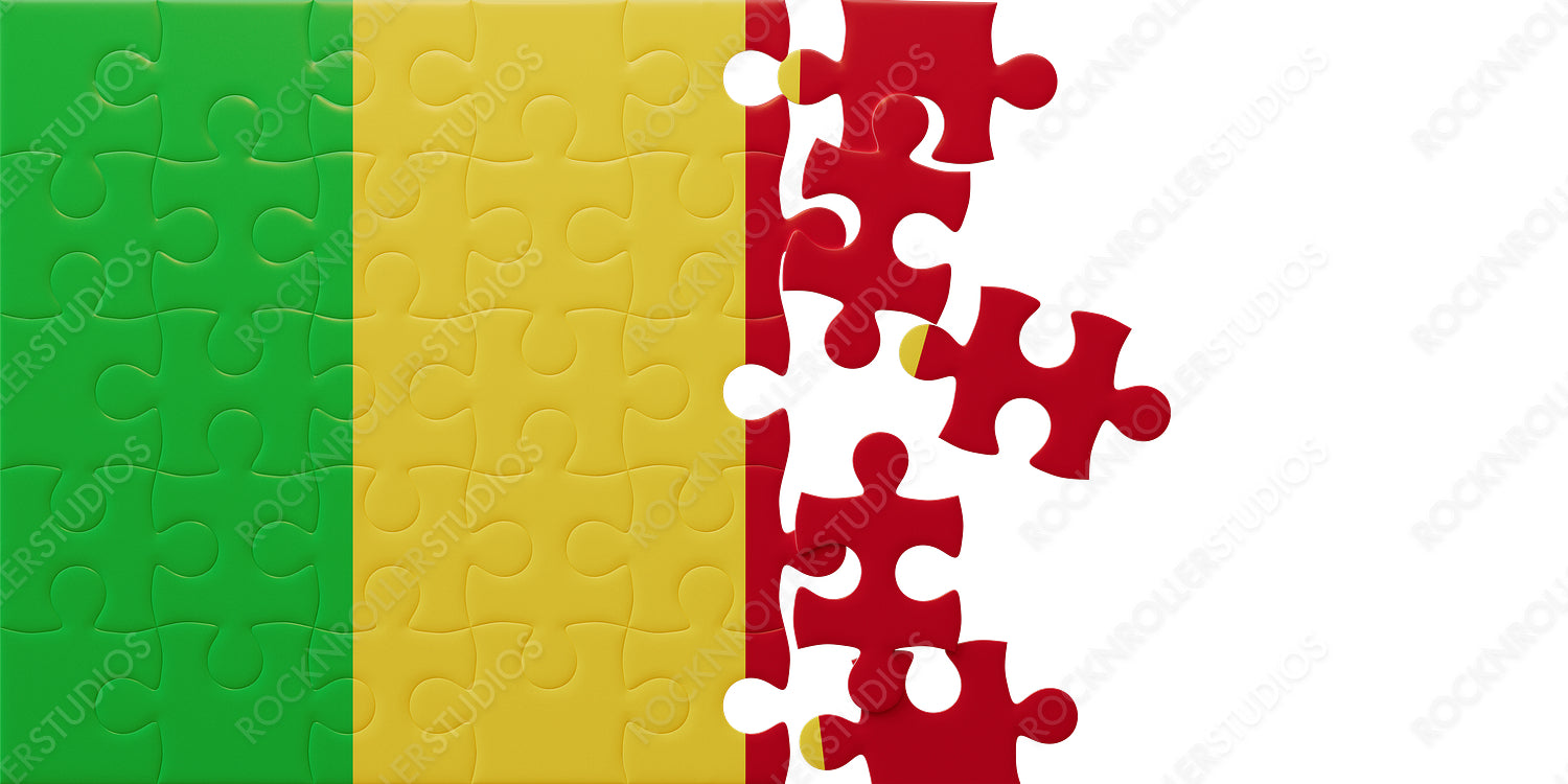 Vibrant Mali Flag Puzzle: Assembled and Scattered Pieces on Transparent background - Symbol of Challenge and Unity