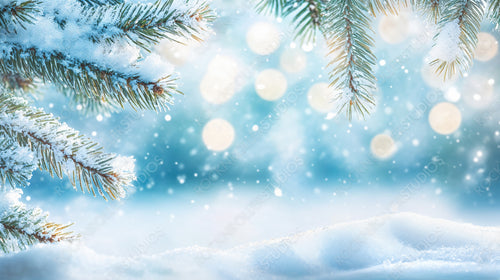 Snow-Covered Pine Branches and Frosty Bokeh Winter Wonderland Background