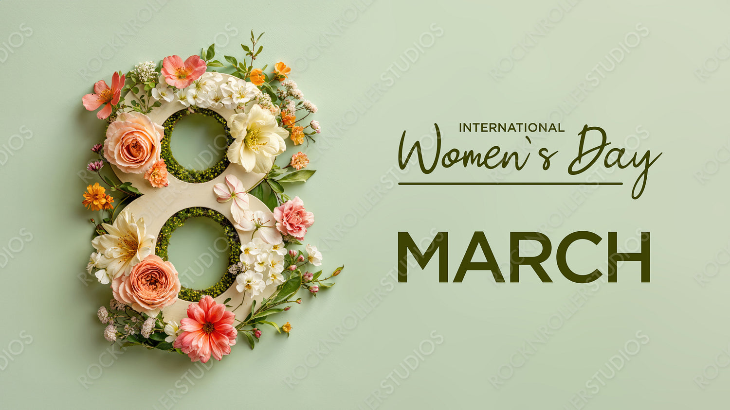 Botanical Design to Celebrate International Woman's Day. Elegant Green Floral Background with Number 8, Flowers and Caption.