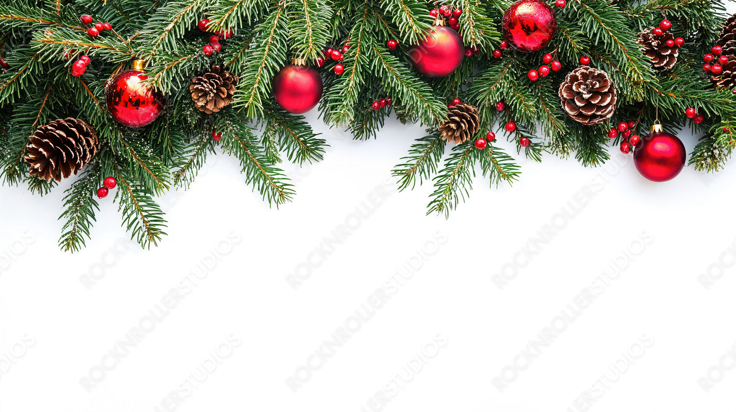 Festive Christmas decorations with red ornaments, pinecones, and fresh evergreen branches