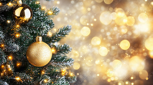 Golden Christmas Ornaments Hanging on Snow-Dusted Tree with Glowing Bokeh Lights