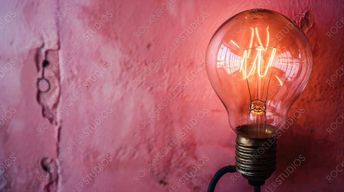 Vintage Edison Bulb Glows Warmly Against a Textured Pink Wall