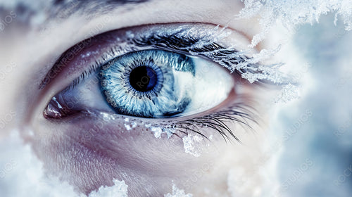 Close-up of a Frozen Blue Eye Surrounded by Icy Snowflakes and Frost