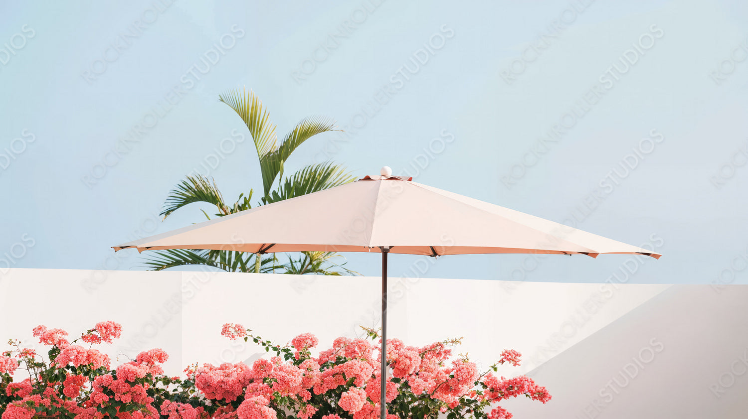 Charming Outdoor Parasol with Blooming Flowers and Palm