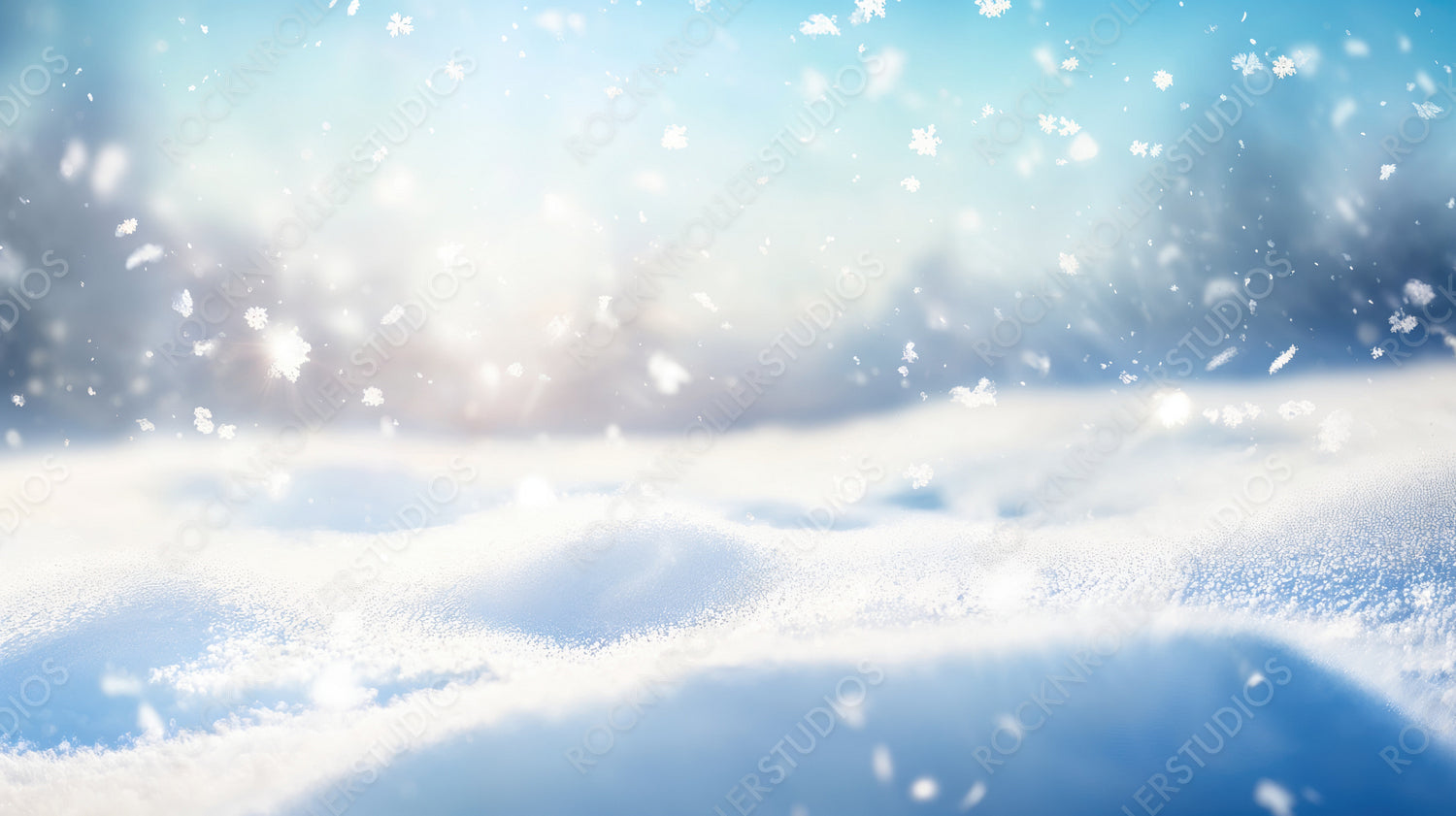 Winter forest scene with falling snowflakes and snow-covered trees under a pale winter sun