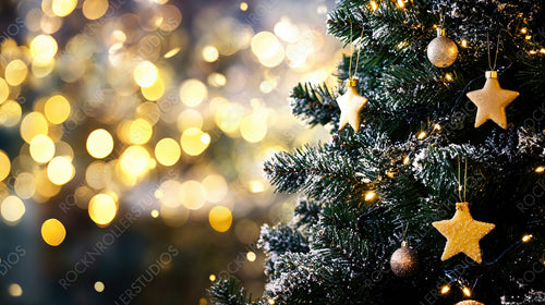 Golden holiday glow with sparkling Christmas lights and a decorated tree adorned with a glittering star