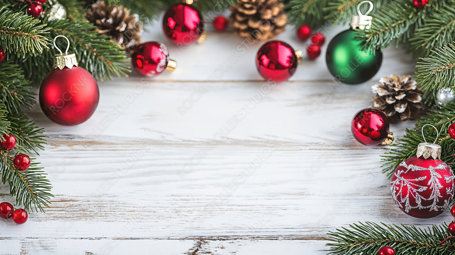 Christmas Garland with Pine Cones and Red Ornaments on Rustic White Wood