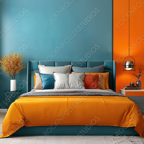 Stylish Modern Bedroom in Teal and Orange: Vibrant Decor and Elegant Details