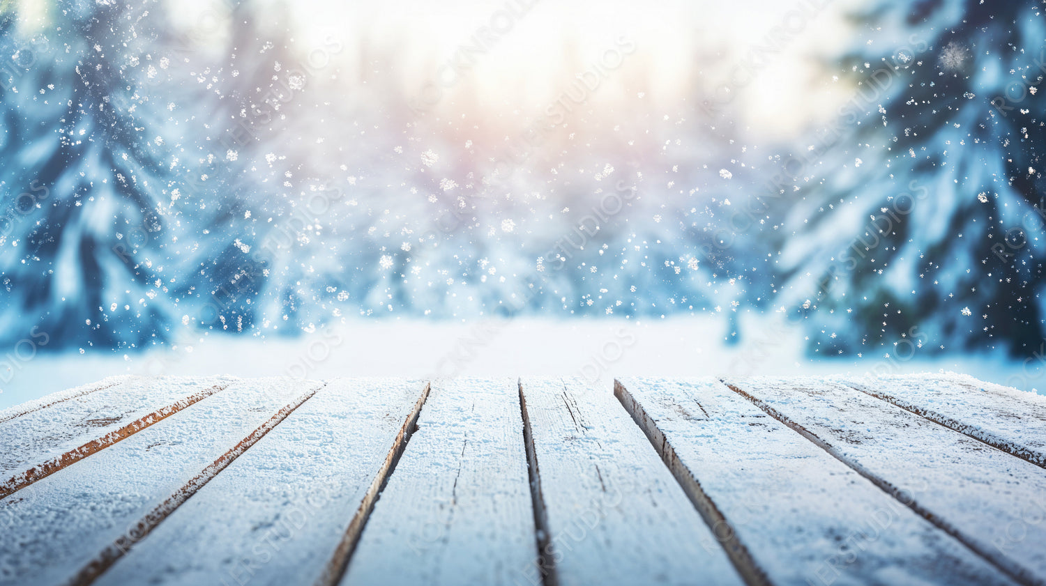 Snowy Wooden Surface with Falling Snowflakes and Blurred Winter Forest Background