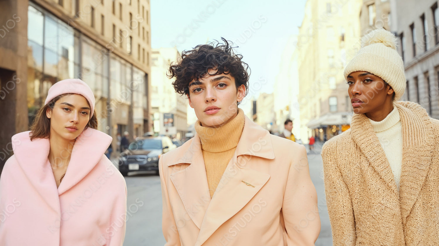 Urban Chic: Trio of Stylish Young Adults Flaunting Winter Fashion on a City Street