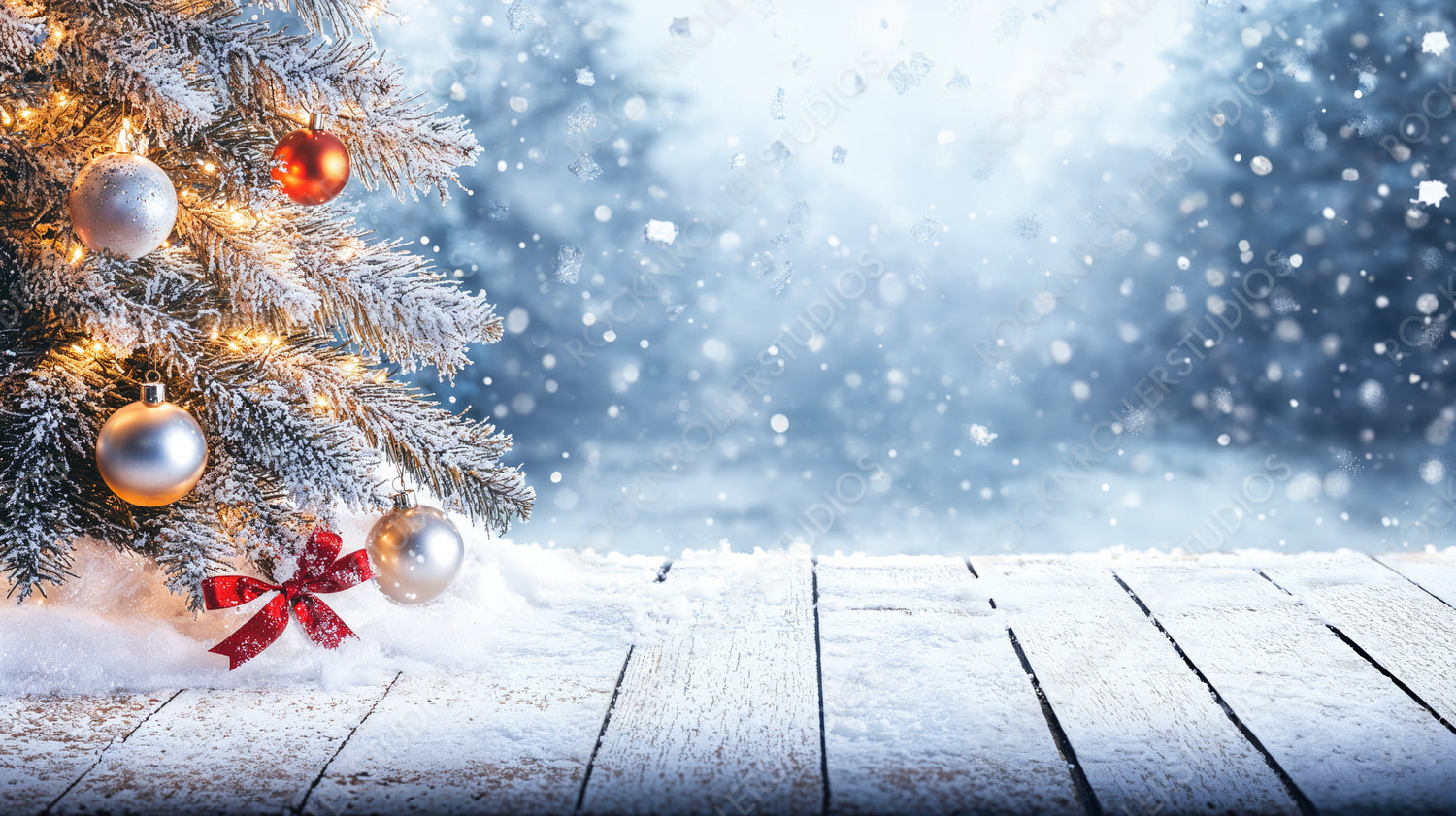 Winter scene with frosted Christmas ornaments on snowy pine branches in a peaceful forest