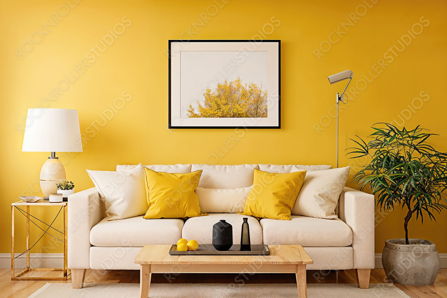 Chic Modern Living Room with Mustard Yellow Accents and Cozy Decor