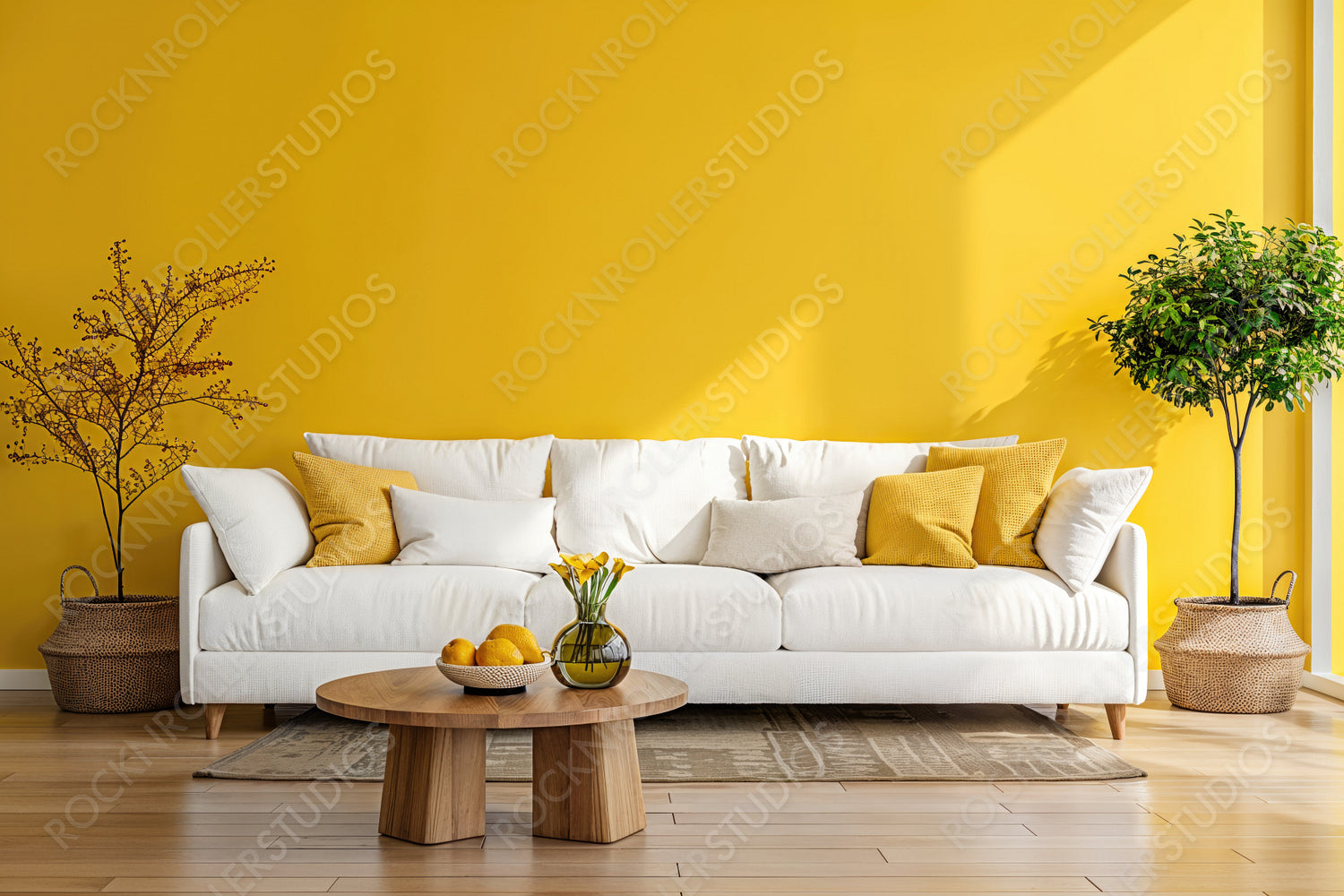 Chic Modern Living Room with Vibrant Yellow Walls and Stylish Decor